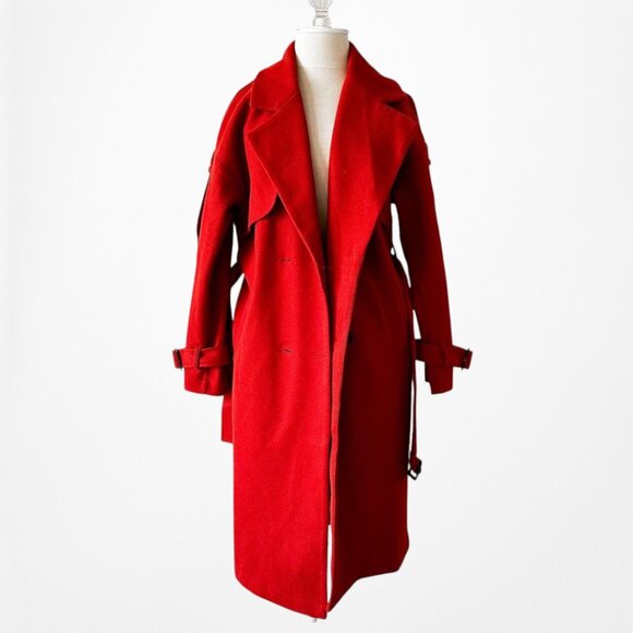 Red Oversized Belted Trench Coat Peacoat Style Long Jacket Size XS/S/M - Picture 5 of 10